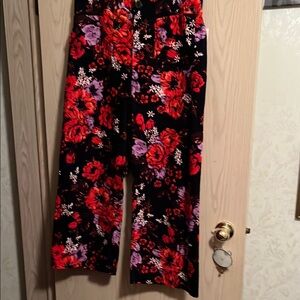Maeve Black Wide-Leg Floral Pants with Red & Purple Flowers